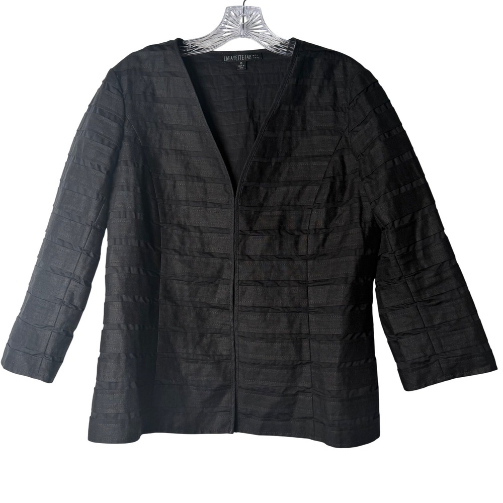 Lafayette 148 Ribbon Stripe Open Front Jacket Black Textured Career Luxe 10